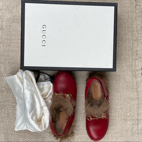 Gucci Amstel Horsebit red leather slingback accent round toe fur trim clogs - Picture 13 of 17